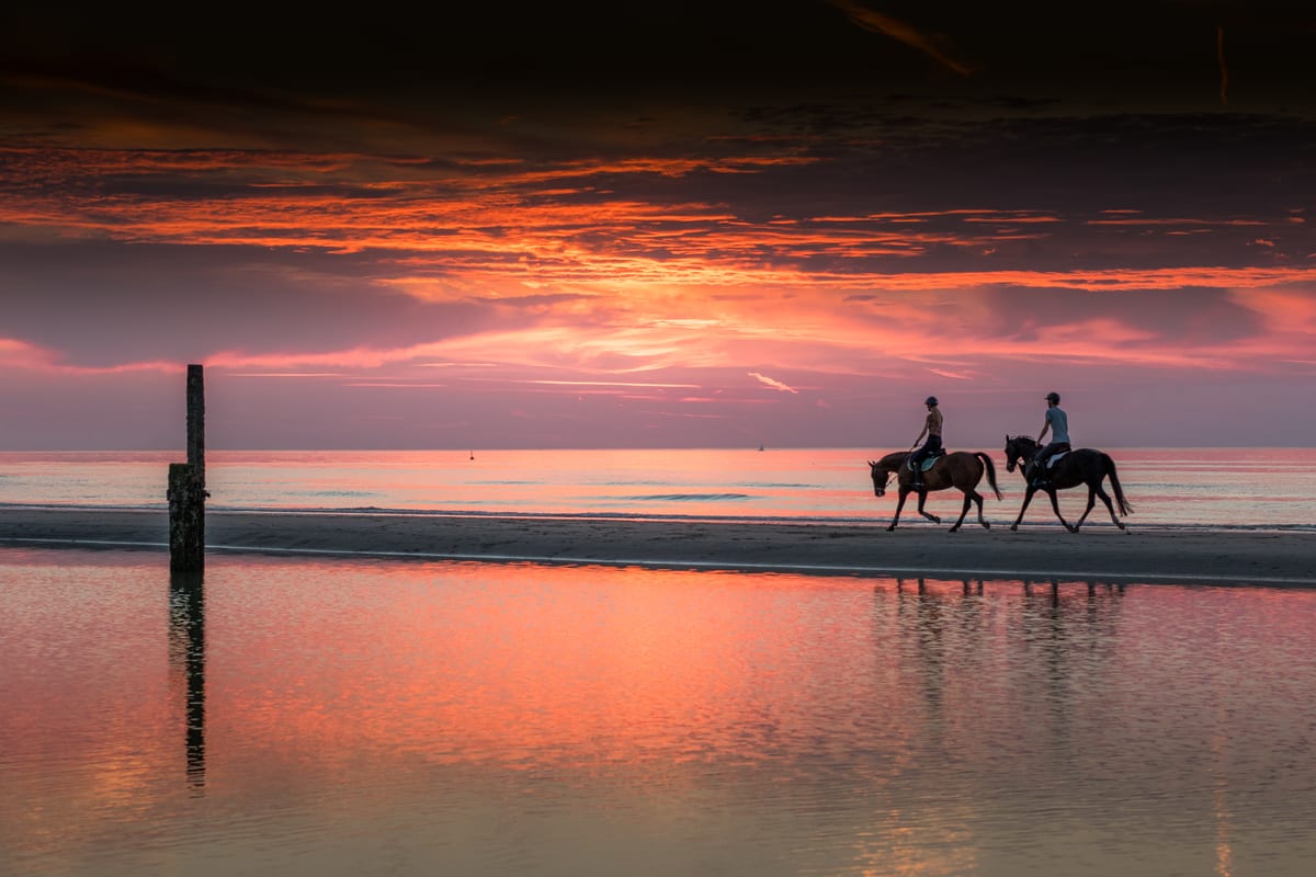 Two people on horseback crossing the wet sand at low tide, silhouetted against a pink and orange sunset reflected in the shallow water.